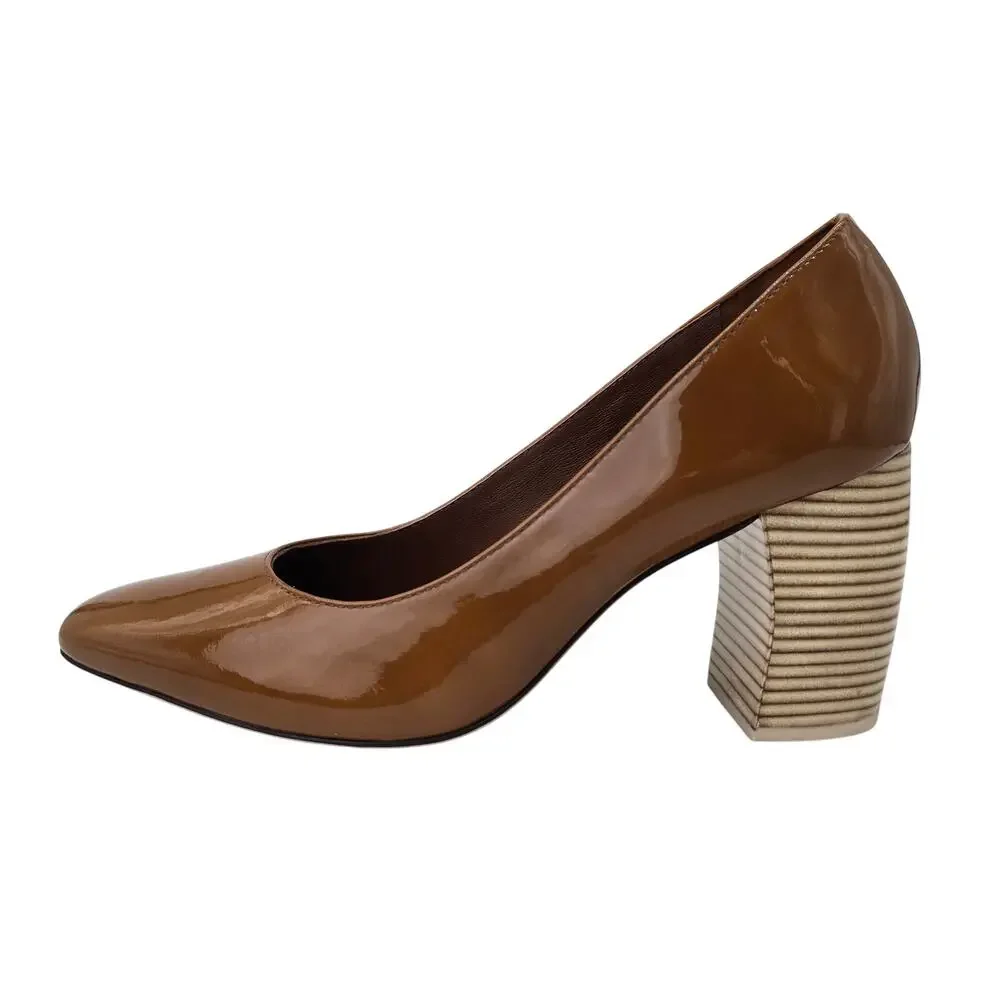 Tory Burch Banana Heel Pump Brown Caramel Patent Leather Curved Heel Women's 9M